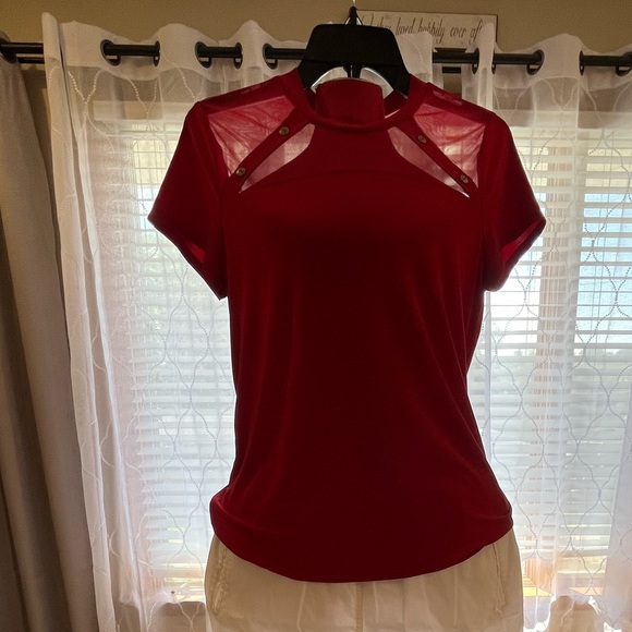 Sheer bodice, red slinky blouse from Adele & May, large. - Picture 5 of 14